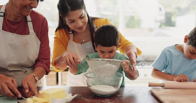Mother, grandmother and children in kitchen, baking and sifting flour with bakery skill and prepare cookies or cake. People in family home, bonding and learning to bake with help and bonding