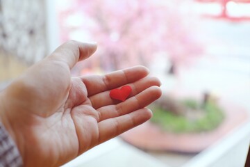 Valentine day love concept. Red Hart in hand with copy space.