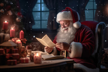Fototapeta na wymiar Santa Claus reads letters from children at night. merry christmas and new year generative ai, generative, ai