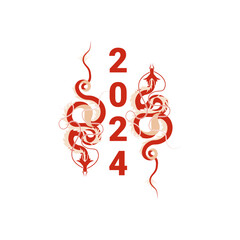 Happy Chinese new year 2024 zodiac sign dragon with flower, lantern, Asian elements. 2024 Year of the Dragon. Vector illustration.