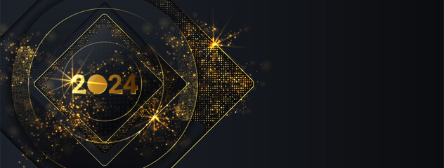 Happy New Year 2024 winter holiday greeting card design template. Party poster, banner or invitation gold glittering stars confetti glitter decoration. Vector background with golden gift bow.