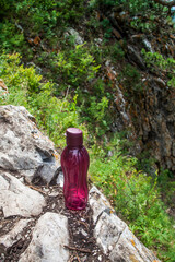 A cherry-colored bottle stands on the rocks in the forest.