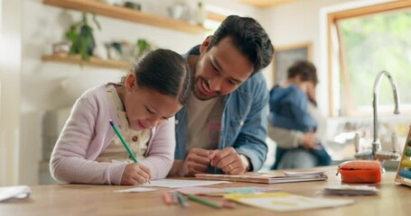 Writing, learning and family, father and child in kitchen for home education, language development and support. Helping, teaching and happy people, dad and girl or kid with school creativity on paper - Powered by Adobe