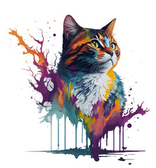 Cool cat illustration with vibrant splashes of multicolor paint, created in watercolor. Generative AI