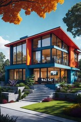 Fototapeta premium A vibrant, detailed rendering of a modern home with a high energy efficiency rating, situated in a desirable location with a competitive property value.