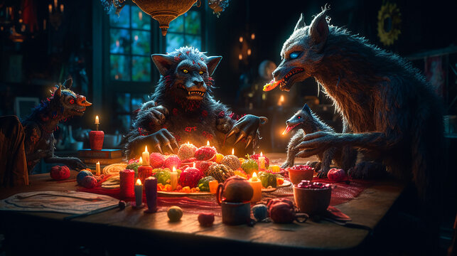 A whimsical and playful illustration of a pack of werewolves and mystical creatures having a feast