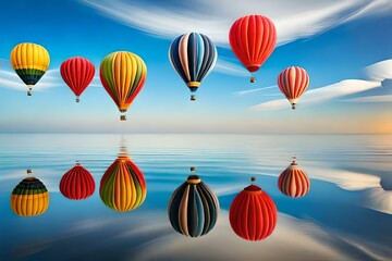 Hot air balloons in different colors flying over the water, Generative Ai technology