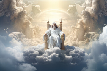 God sits on a throne in heaven with bright light behind