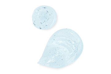 Composition of smears and drops or drops of a transparent blue gel, serum. On an empty transparent background.