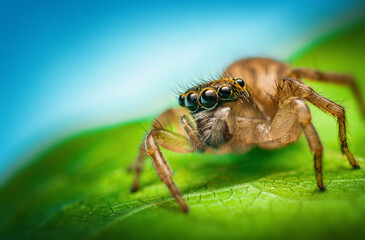 Macro close up of jumping spider on a green leaf