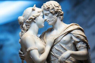 Fototapeta premium Profile shot of an ancient Gods marble statue with a loving kiss, ancient city crystal blue light background blurred, AI Generative