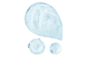 Composition of smears and drops or drops of a transparent blue gel, serum. On an empty transparent background.