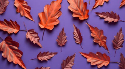 Pattern of dry orange metallic leaves on violet background