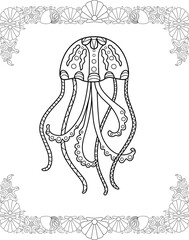Jellyfish with shell borders - vector linear picture for coloring. Outline. Coloring book with jellyfish, marine animal for coloring book.