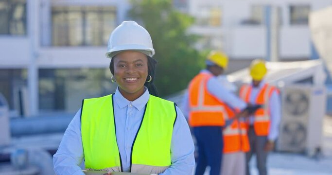 Face, architecture and black woman, smile and industry with renovation, professional real estate or property development. Portrait, female person or happy engineer and contractor at construction site