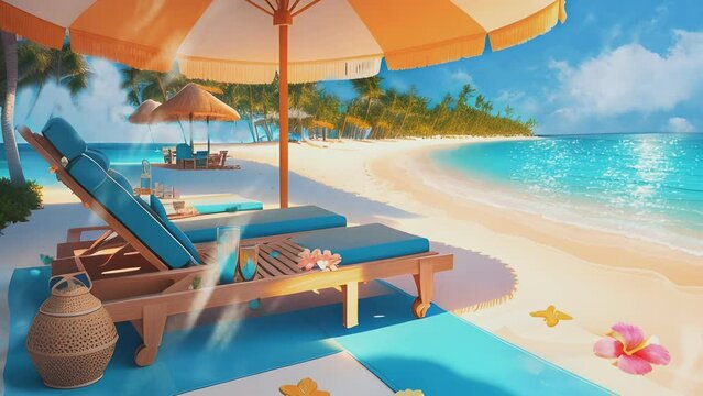 the atmosphere of a beautiful summer vacation by the beach . Cartoon or anime watercolor painting illustration style. seamless looping 4K time-lapse virtual video animation background.