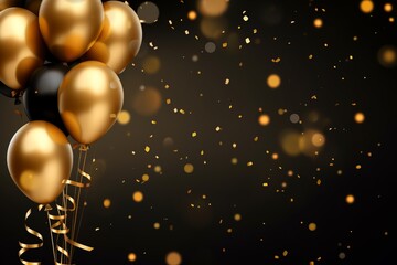 Celebration background with confetti and gold balloons. - obrazy, fototapety, plakaty