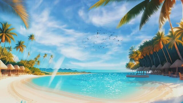 Summer beach with palm trees and sea. Cartoon or anime watercolor painting illustration style. seamless looping 4K time-lapse virtual video animation background.