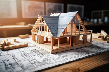 wooden house frame model on architect blueprints - 623556343