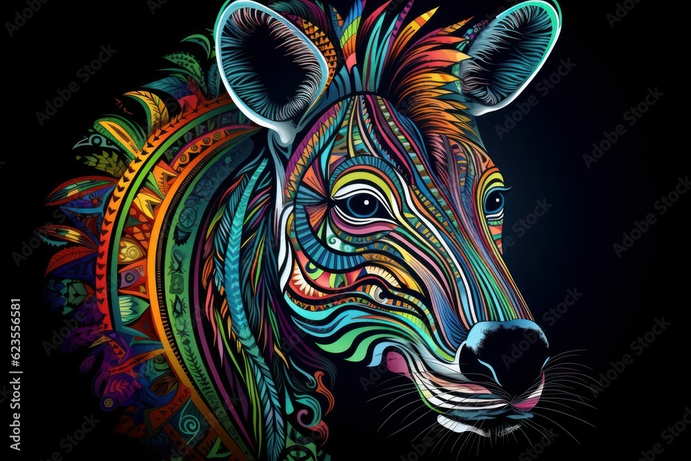 Wall mural Zentangle art - colourful zebra head on dark background. Mandala, ethnic design. Generative AI