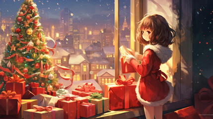 A cheerful anime girl dressed in a Santa Claus costume, surrounded by colorful presents and a decorated Christmas tree, with snow falling gently outside the window.