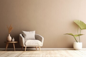 interior design, warm neutral interior wall mockup in soft minimalist living room with rounded beige armchair, wooden side table and palm leaf in vase. created generative ai.