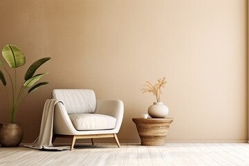 Obraz na płótnie Canvas interior design, warm neutral interior wall mockup in soft minimalist living room with rounded beige armchair, wooden side table and palm leaf in vase. created generative ai.