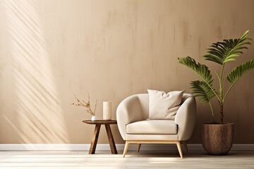 interior design, warm neutral interior wall mockup in soft minimalist living room with rounded beige armchair, wooden side table and palm leaf in vase. created generative ai.