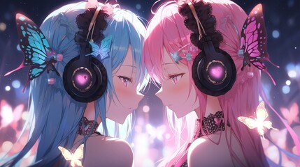 Two twin girls wearing headphone listen to pop music on fantasy background illustration