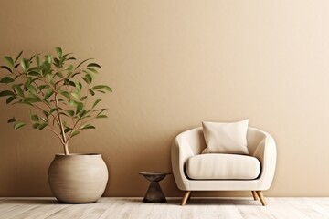 interior design, warm neutral interior wall mockup in soft minimalist living room with rounded beige armchair, wooden side table and palm leaf in vase. created generative ai.