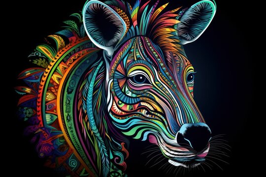 Zentangle art - colourful zebra head on dark background. Mandala, ethnic design. Generative AI