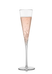 Elegant luxury glass with pink rose champagne with bubbles on white.