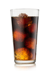 Cola soda drink with ice cubes and bubbles on white background.