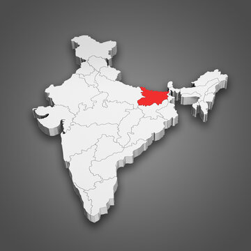 Bihar state location within India map. 3D Illustration