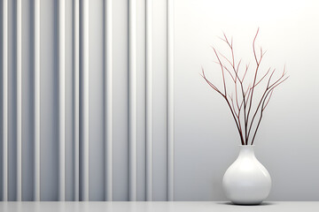 White vase against a white wall. Minimalistic interior. With Generative AI technology