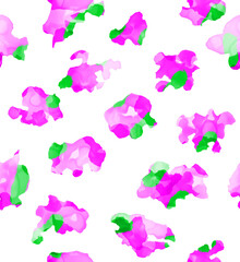 Watercolor Style Seamless Pattern with Abstract Leopard  Skin Spots. Vibrant Pink and Bright Green Stains.  Abstract Irregular Wild Cat Fur Repeatable Print in Vivid Colors. No Background.