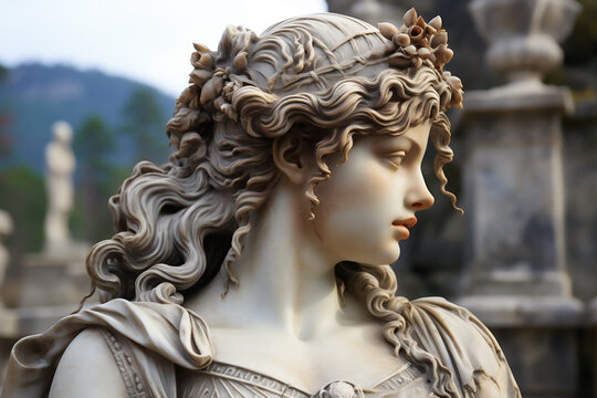 Ancient Goddess marble statue ancient city background blurred, AI Generative