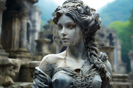 Ancient Goddess marble statue ancient city background blurred, AI Generative