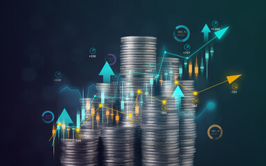 Stack of coins with graph chart growth up, Business marketing - obrazy, fototapety, plakaty