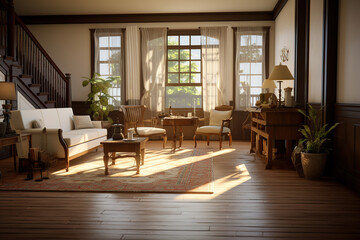 living room with the hardwood floors, generative ai 