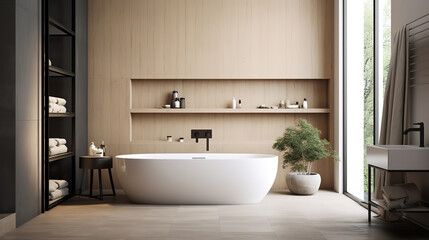 Naklejka na ściany i meble Modern bathroom interior in minimal scandinavian style , generative ai 