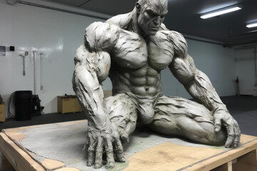 Statue of a man sculpted from clay, strong body builder, adonis