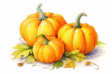 Pumpkin. Watercolor painting on white background. Autumn harvest. Vegetarian raw food, generative ai 