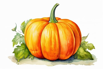 Pumpkin. Watercolor painting on white background. Autumn harvest. Vegetarian raw food, generative ai 