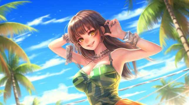 A lively anime girl wearing a colorful bikini, dancing on a tropical beach with palm trees in the background.