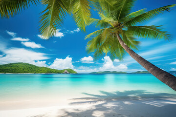 Fototapeta na wymiar Tropical beach with palm palms and views of Paradise Island, generative ai 