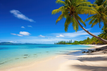 Obraz na płótnie Canvas Tropical beach with palm palms and views of Paradise Island, generative ai 