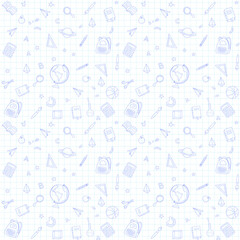 Back to school. Seamless pattern with a checkered notebook sheet and drawings.