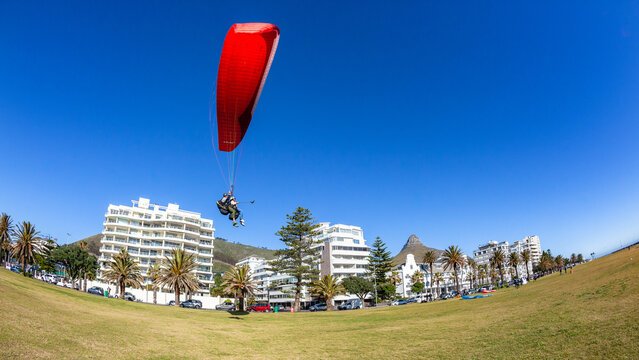 Paragliding Flying Tandem Red Parachute Blue Sky Landing Cape Town