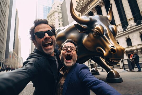 Happy Businessman makes selfie at the stock exchange with the charging bull made of bronze 